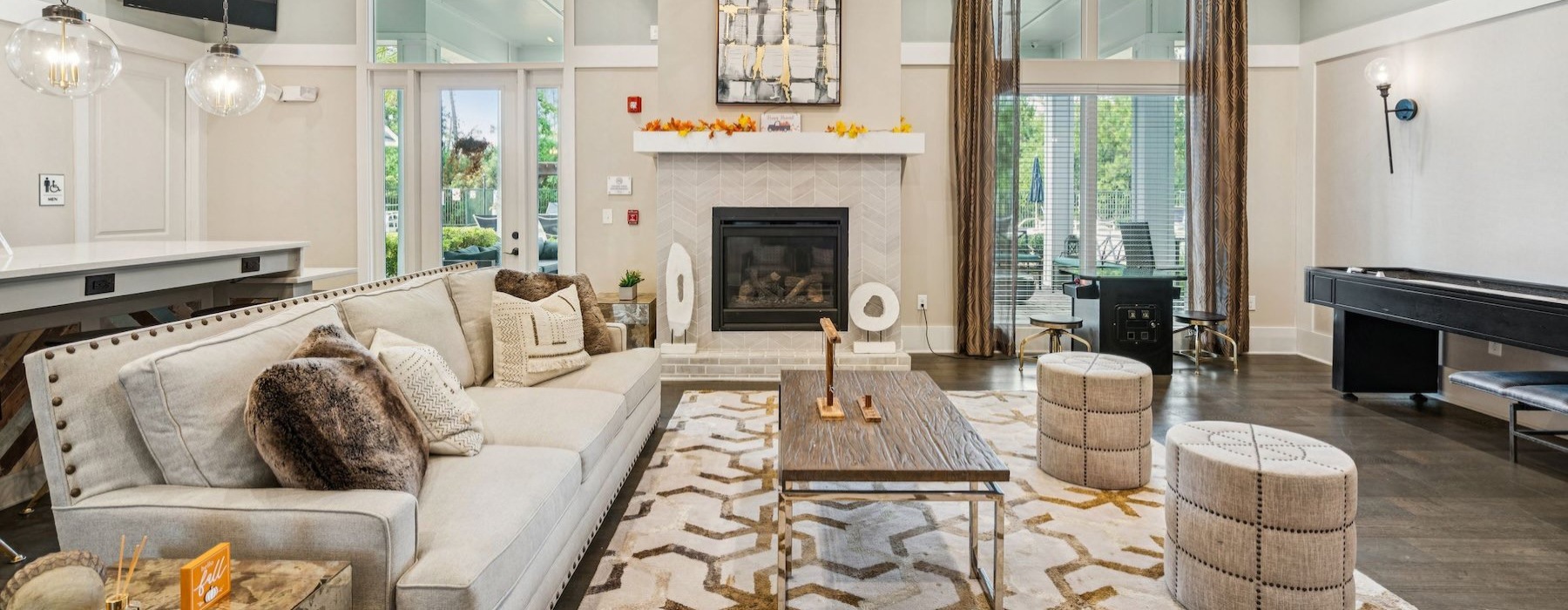 a living room with a fireplace