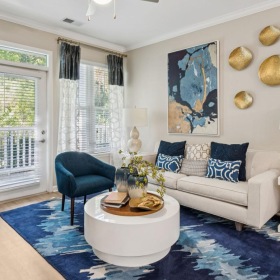 a living room with a blue rug and a white couch